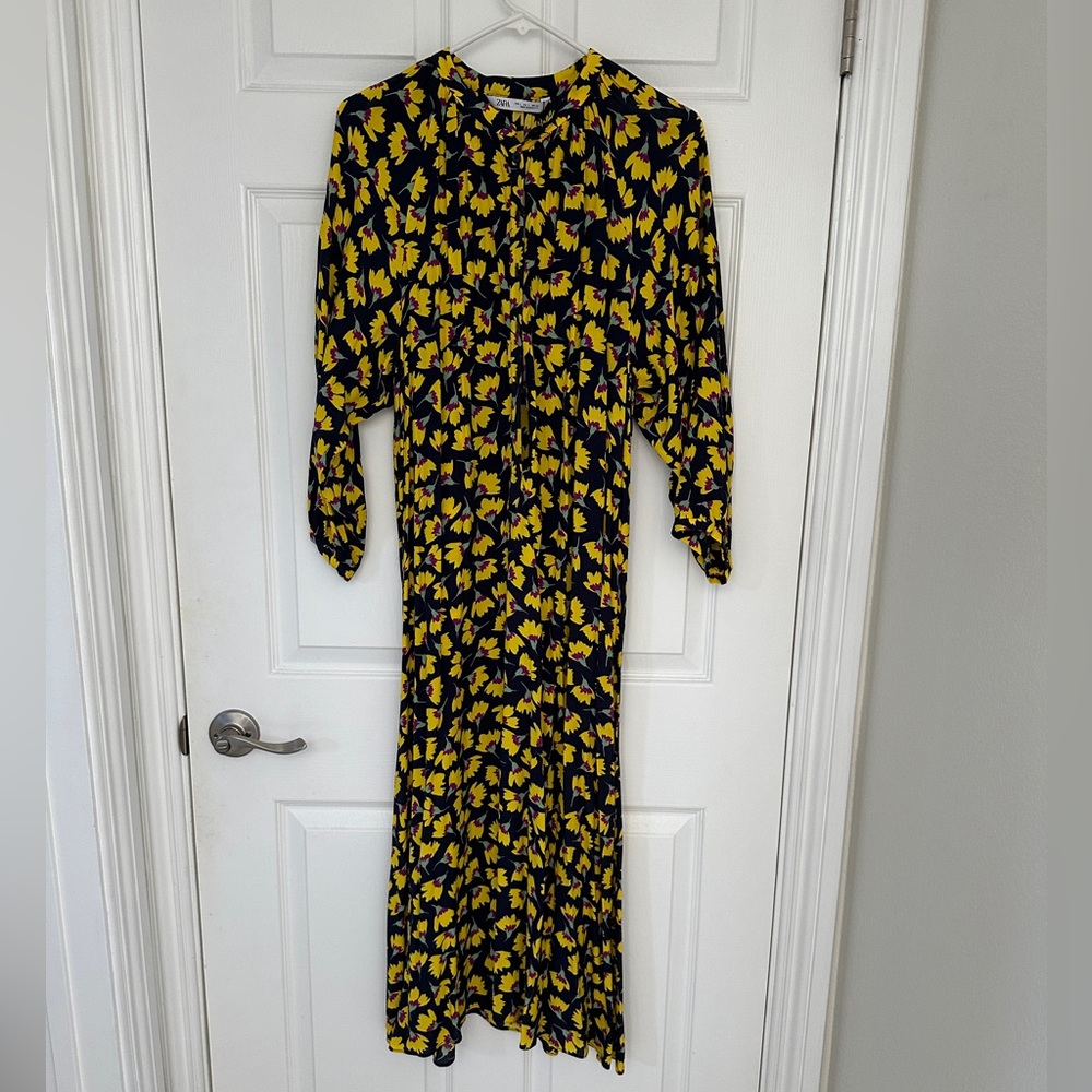 Zara midi floral dress Black Yellow Sz L